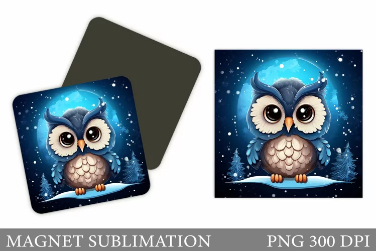 Winter Owl Magnet Sublimation. Cute Owl Square Magnet Design