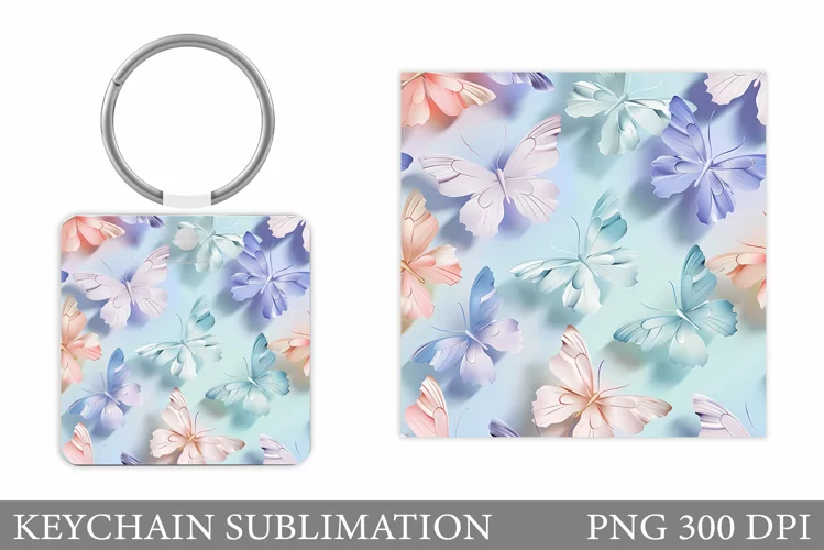 3D Butterflies Keychain Design. Square Keychain Butterflies