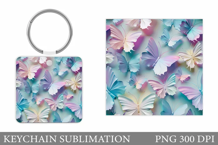 3D Butterfly Square Keychain. Butterflies Keychain Design