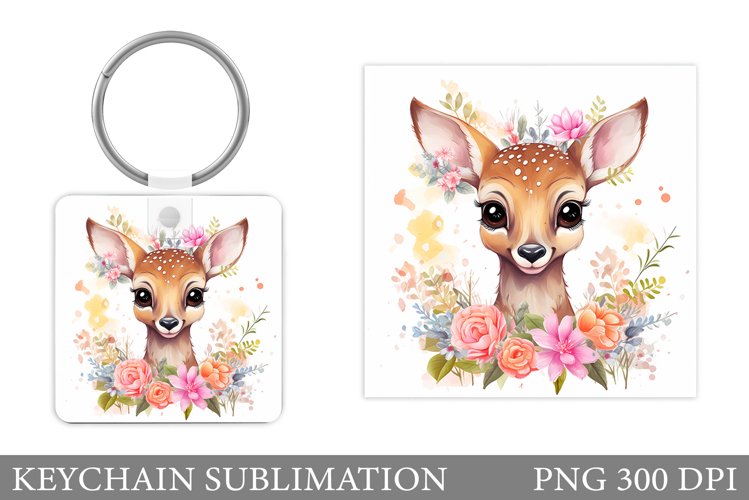 Cute Deer Keychain Design. Deer Flowers Keychain Sublimation example image 1
