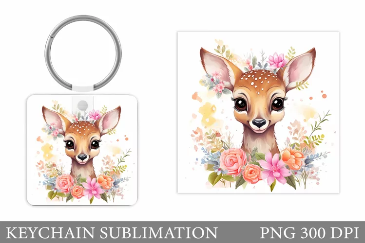 Cute Deer Keychain Design. Deer Flowers Keychain Sublimation