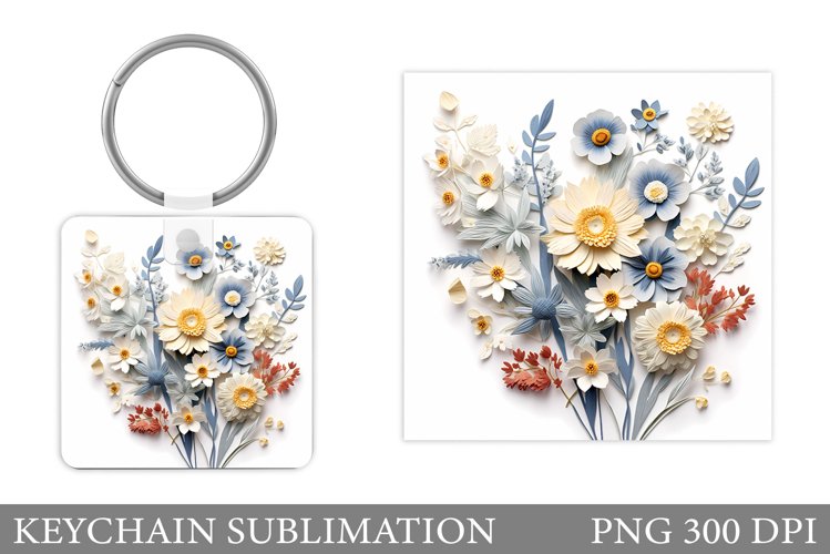 3D Wildflowers Keychain. Flowers Square Keychain Design