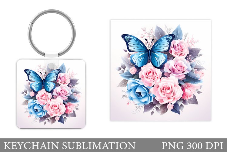 Butterflies Keychain. Flowers Keychain Sublimation