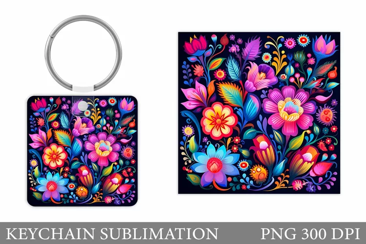 Flowers Keychain Sublimation. Neon Flowers Keychain Design