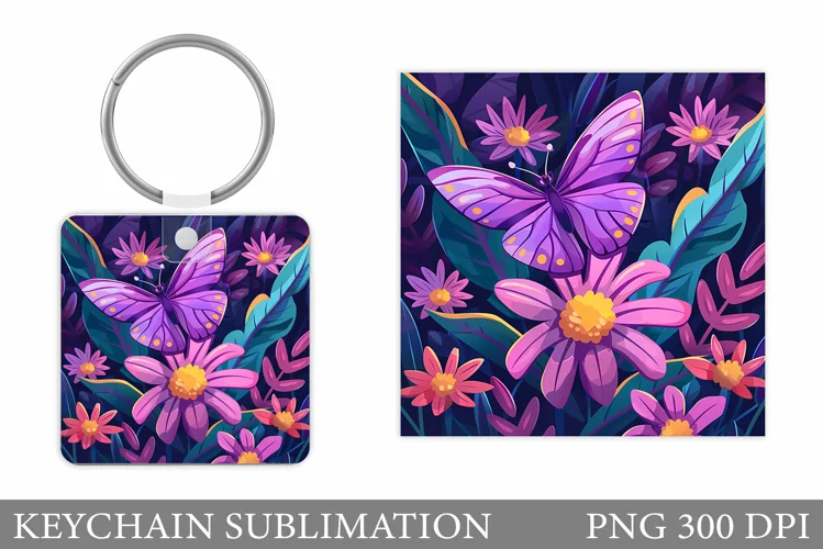 Flowers Keychain Sublimation. Butterfly Keychain Design