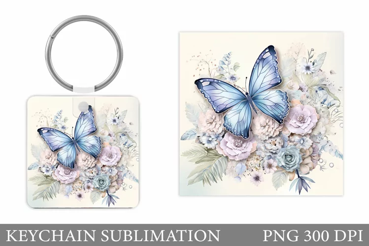 Flowers Keychain Sublimation. Butterfly Keychain Design