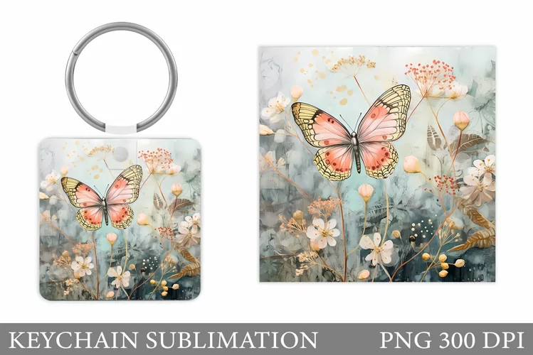 Butterfly Keychain Sublimation. Square Keychain Flowers