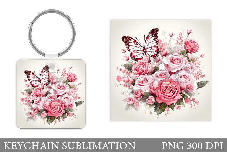 Roses Keychain Design. Butterflies Keychain Sublimation