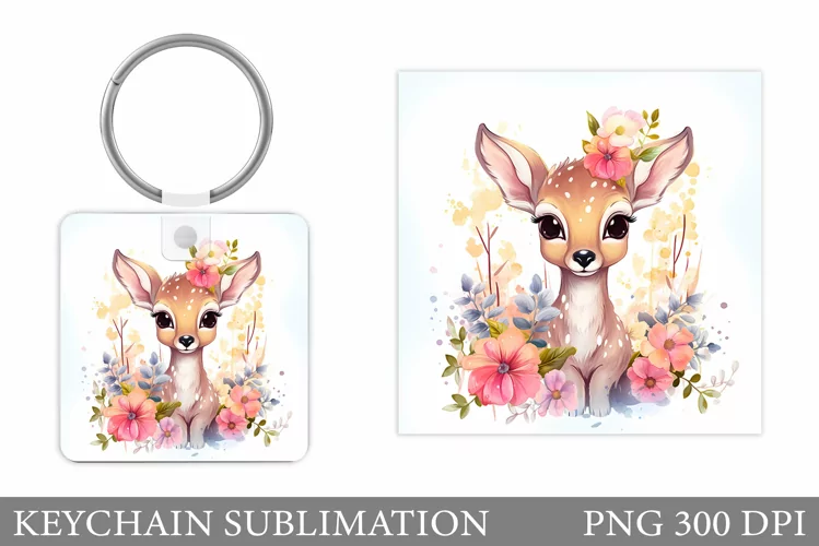 Cute Deer Keychain Design. Deer Flowers Keychain