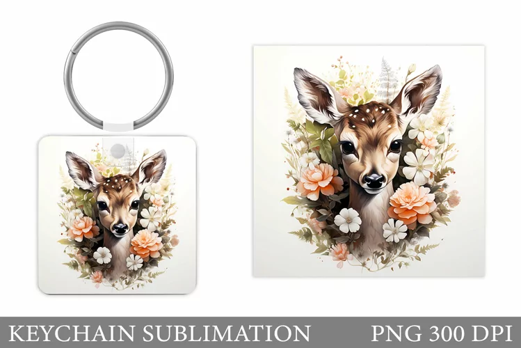 Cute Deer Keychain Design. Deer Flowers Keychain Sublimation