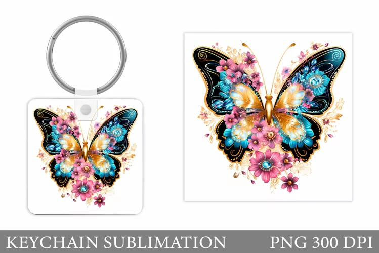 Flowers Keychain Sublimation. Butterfly Keychain Design