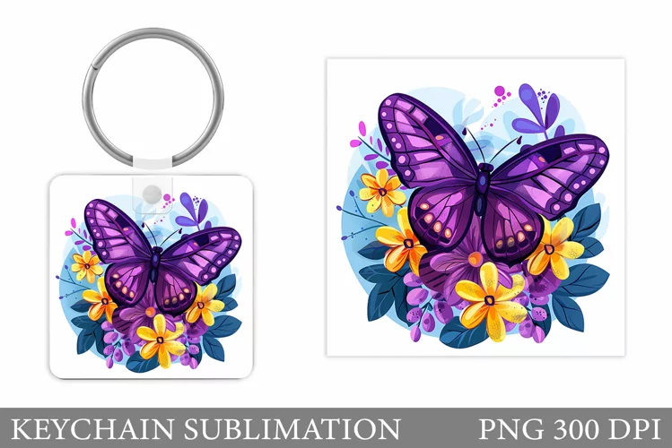 Flowers Keychain Sublimation. Butterfly Keychain Design