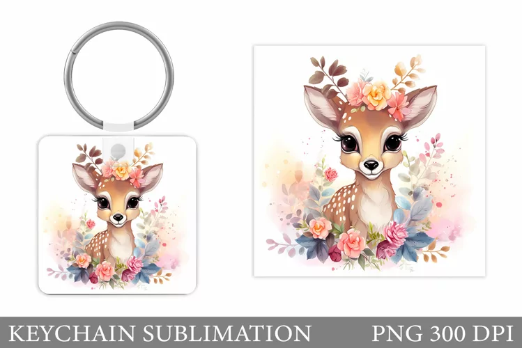 Cute Deer Keychain Design. Flowers Keychain Sublimation