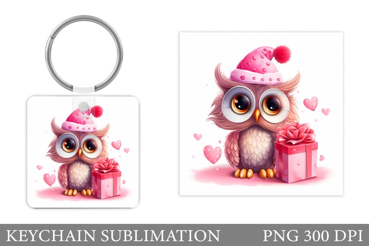 Valentines Owl Keychain Design. Cute Owl Square Keychain