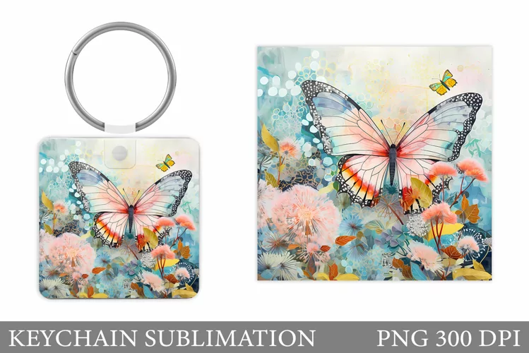 Butterfly Keychain Design. Flowers Keychain Sublimation