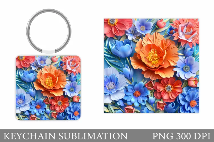 3D Flowers Keychain Design. Floral Keychain Sublimation