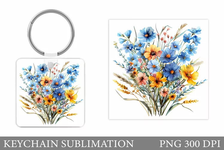 Wildflowers Keychain Design. Square Keychain Flowers