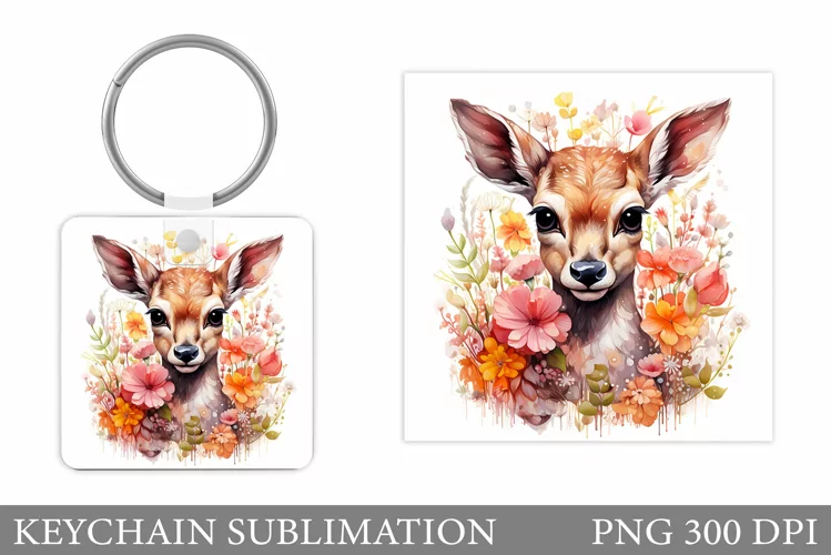 Cute Deer Keychain Design. Deer Flowers Keychain