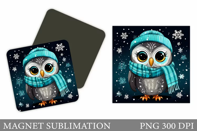 Winter Owl Magnet Design. Cute Owl Square Magnet