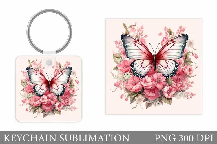 Butterfly Keychain Design. Flowers Keychain Sublimation