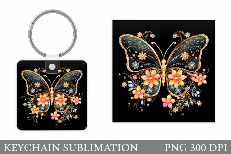 Butterfly Keychain Sublimation. Flowers Square Keychain