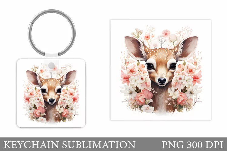 Cute Deer Keychain Design. Flowers Keychain Sublimation