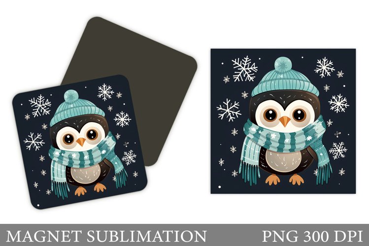 Winter Owl Magnet Design. Cute Owl Square Magnet Sublimation
