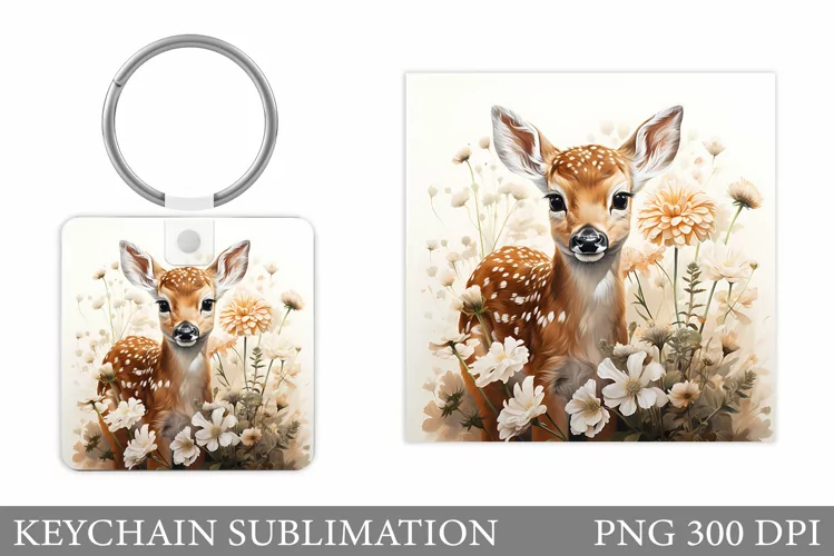 Cute Deer Keychain Sublimation. Deer Flowers Keychain Design