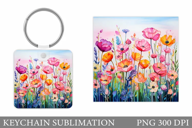 3D Wildflowers Keychain. Flowers Square Keychain Design