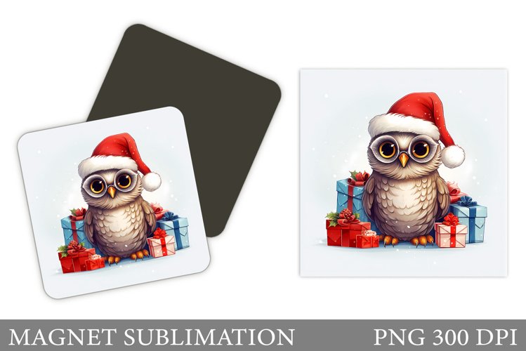 Christmas Owl Magnet Sublimation. Winter Owl Magnet Design example image 1