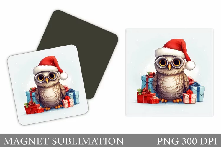 Christmas Owl Magnet Sublimation. Winter Owl Magnet Design