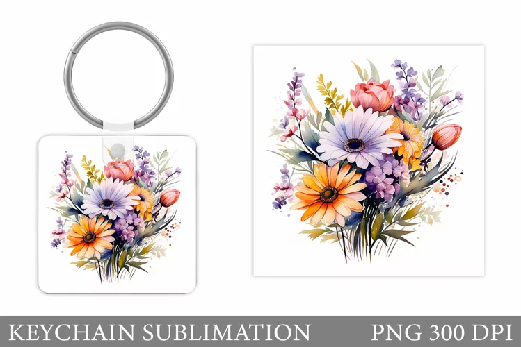 Flowers Square Keychain. Wildflowers Keychain Sublimation