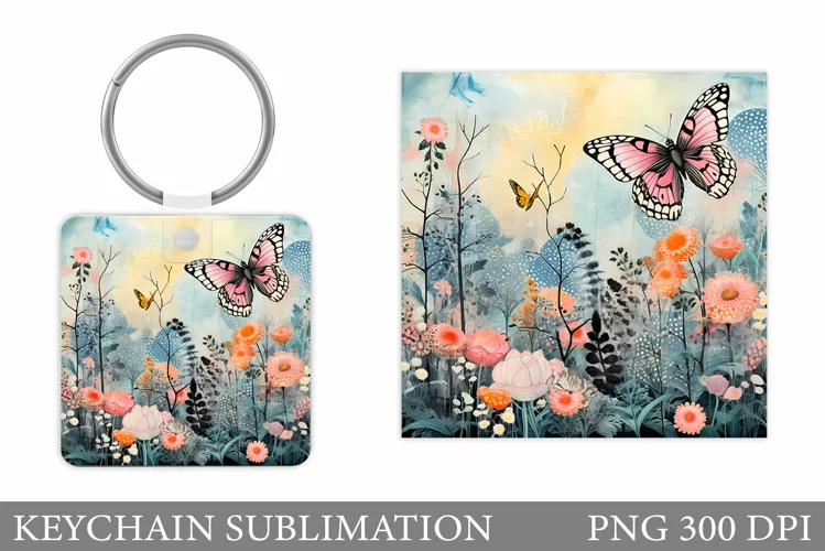 Butterfly Keychain Sublimation. Flowers Square Keychain