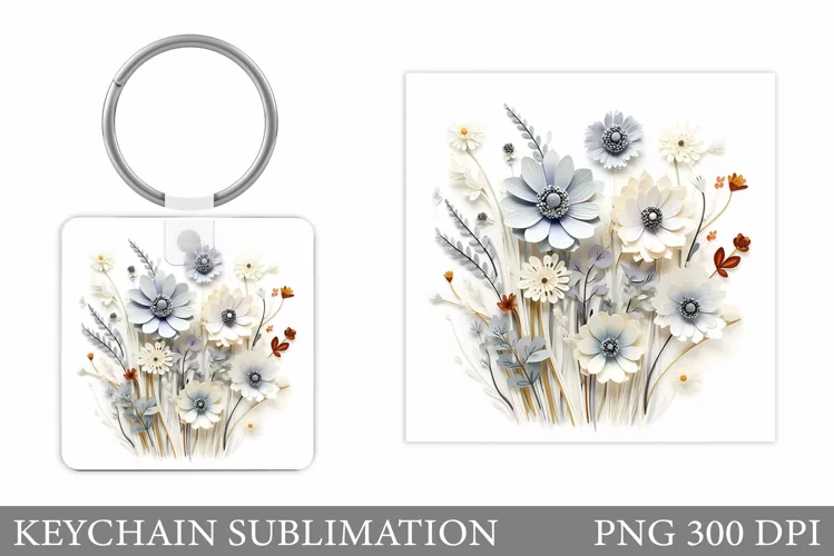 3D Wildflowers Keychain. Square Keychain Flowers Design