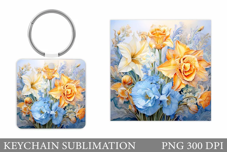 Spring Flowers Keychain. Square Keychain Flowers