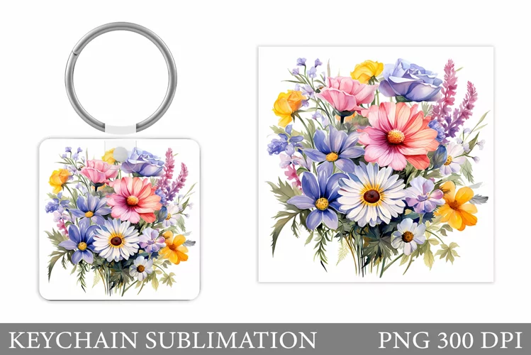 Wildflowers Keychain Design. Square Keychain Flowers