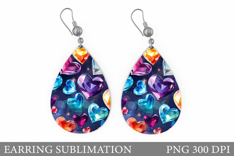 Diamond Hearts Earring. Crystal Hearts Earring Sublimation