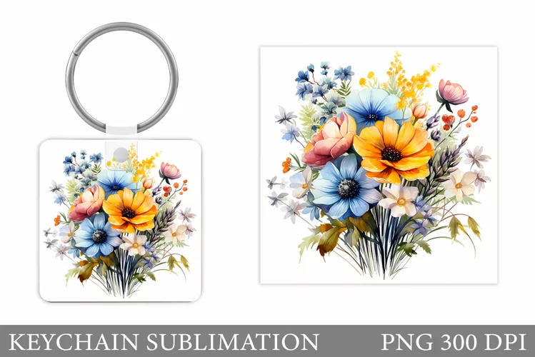 Wildflowers Keychain Design. Square Keychain Flowers