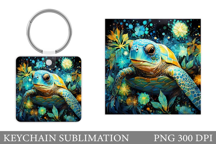 Turtle Keychain Sublimation. Flowers Keychain Design example image 1