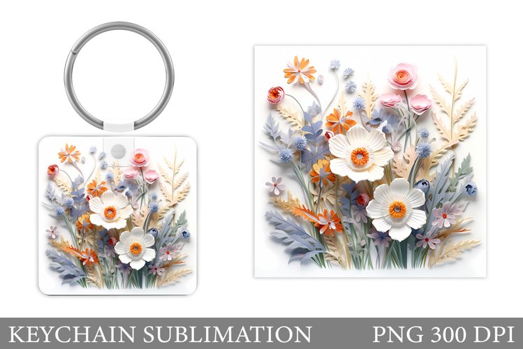 3D Wildflowers Keychain Design. Flowers Keychain Sublimation
