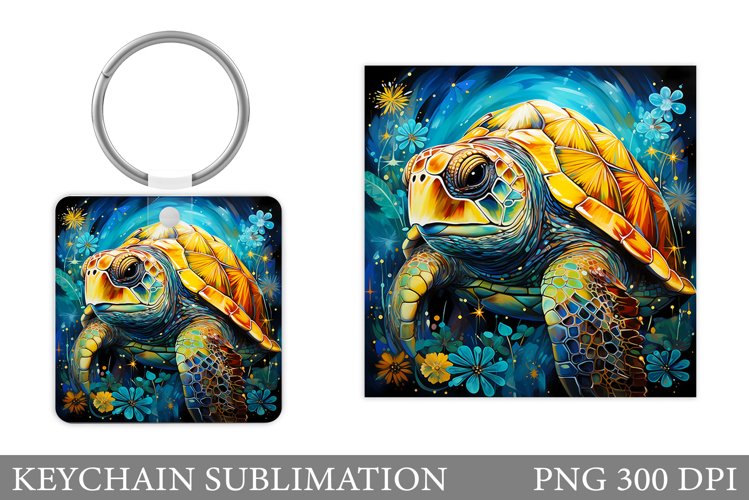 Turtle Keychain Sublimation. Turtle Flowers Keychain Design example image 1