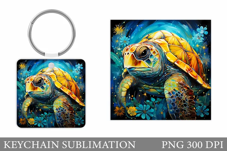 Turtle Keychain Sublimation. Turtle Flowers Keychain Design