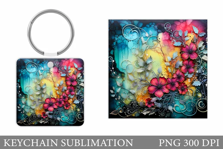 Floral Keychain Sublimation. Flowers Square Keychain Design