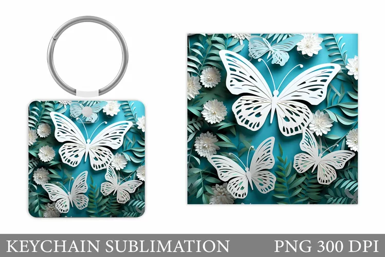 Butterflies Square Keychain. 3D Butterflies Keychain