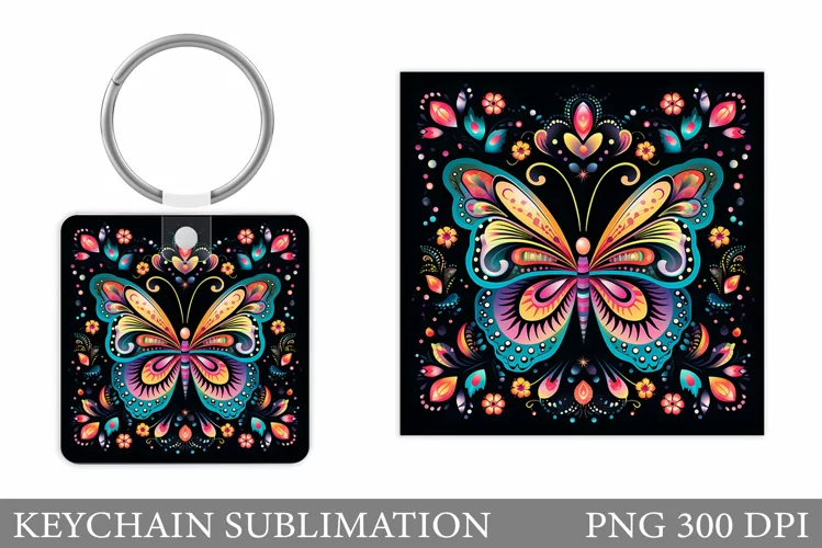 Butterfly Keychain Design. Flowers Keychain Sublimation