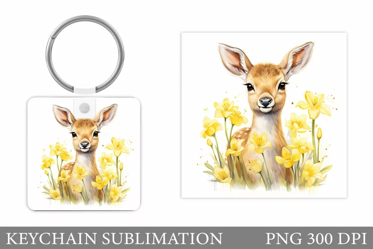 Cute Deer Keychain Sublimation. Deer Flowers Keychain Design