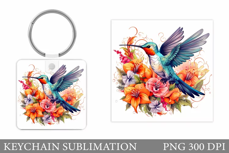 Hummingbird Keychain Design. Bird Summer Square Keychain