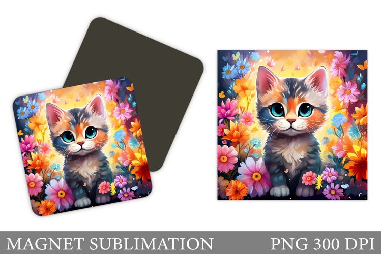 Cat Flowers Magnet Sublimation. Cute Cat Magnet Design