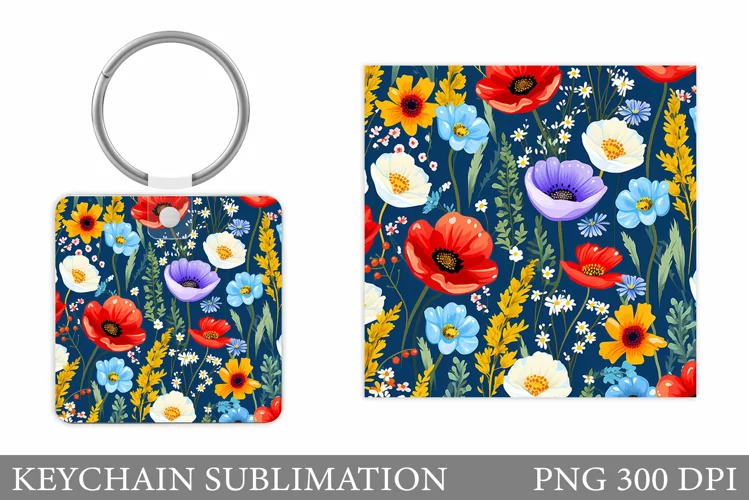 Flowers Square Keychain. Wildflowers Keychain Sublimation