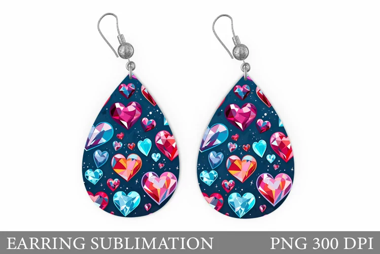 3D Hearts Earring Sublimation. Diamond Hearts Earring Design